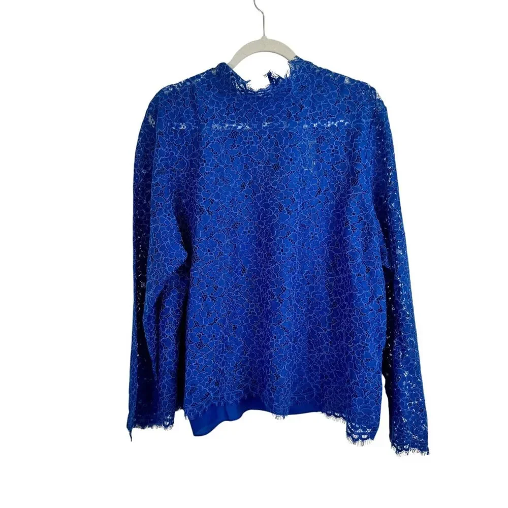 J Crew Scalloped Lace Mockneck Top Blue Preppy Work Office NWT Womens Size 24